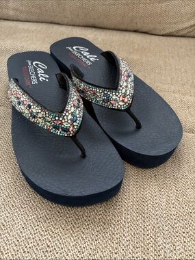 Cali from Skechers Black Wedge Flip Flops with Multi-Color Jeweled Straps